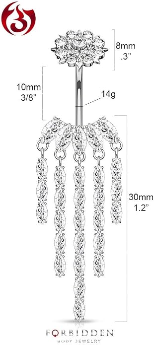Forbidden Body Jewelry Surgical Steel Dangle Belly Button Ring with Drop CZ Chandelier & Internally Threaded CZ Flower Top