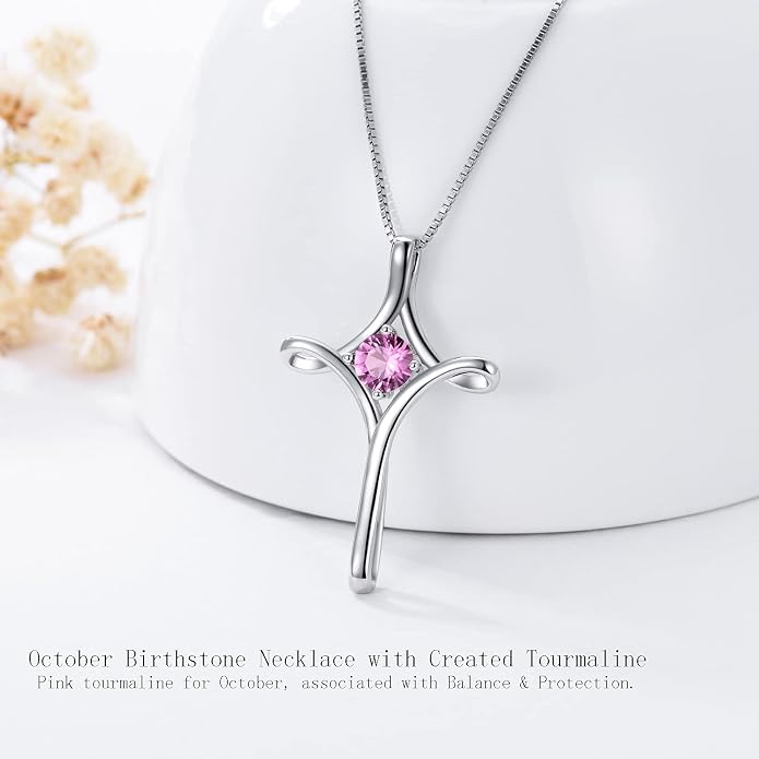 TOUPOP Cross Necklace for Women 925 Sterling Silver Birthstone Cross Pendant Fine Jewelry Anniversary Birthday Mothers Day Gifts for Mom Wife Her