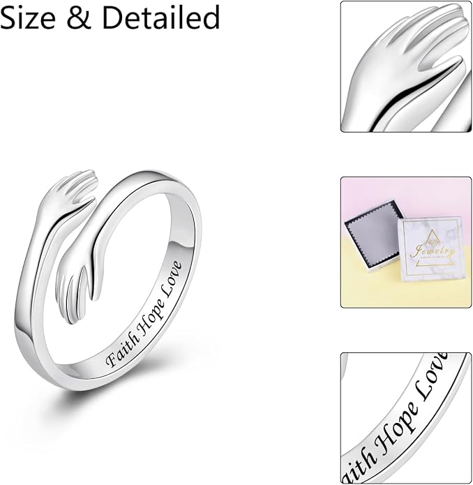 S925 Sterling Silver Hug Rings for Women Teen Girls Adjustable Ring for Granddaughter Daughter Hope Promise Friendship Hand Ring Jewelry for Birthday Graduation Christmas Mothers Day Valentines Gifts