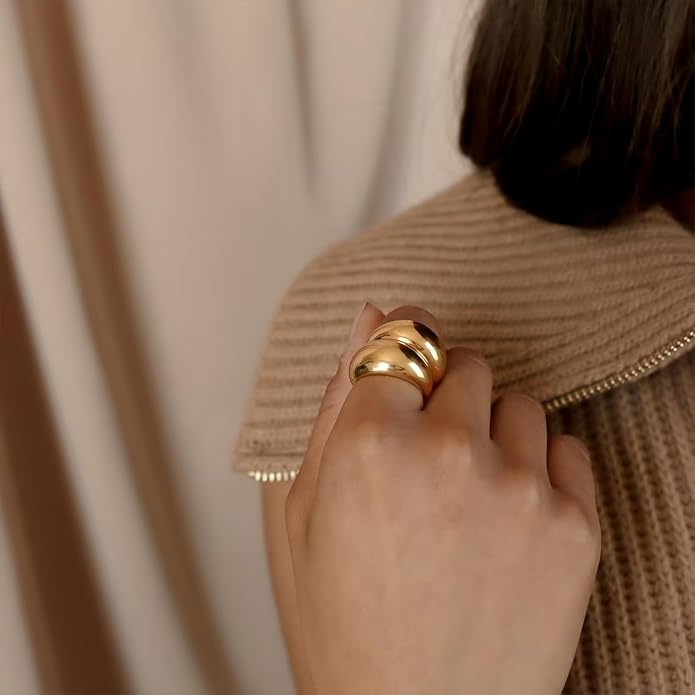 NOKMIT Chunky Dome Rings for Women Dainty 14K Gold Silver Tone Cute Bold Dome Statement Ring Thick Minimalist Thumb Band High Polished Smooth Comfort Fit Size 5-10