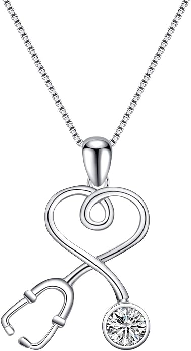 AOBOCO Stethoscope Necklace 925 Sterling Silver Embellished with 12 Months Birthstone Crystals from Austria, Graduation Gifts Medical Jewelry for Doctor Nurse Medical Student RN