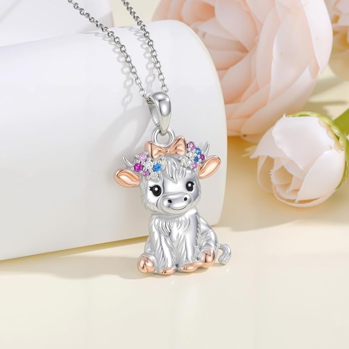Highland Cow Gifts for Women 925 Sterling Silver Highland Cow Birthstone Necklace Fluffy Cow Jewelry Gifts Birthday Christmas