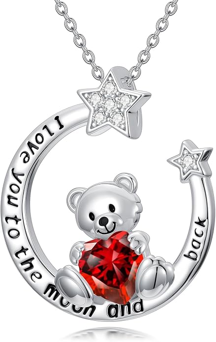 PELOVNY Teddy Bear Necklace for Women 925 Sterling Silver Bear/Highland Cow/Fox/Cat/Axolotl Birthstone Necklace Christmas Birthday Jewelry Gifts for Mom Daughter Wife Sister