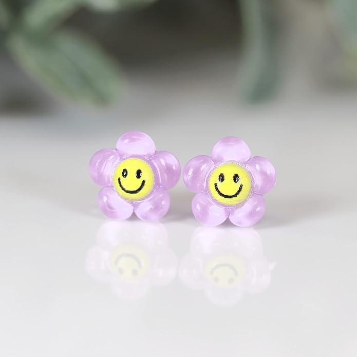 Metal Free Plastic Post Earrings Gift Set Pink Flower Bunny Purple Smiley Face Flower