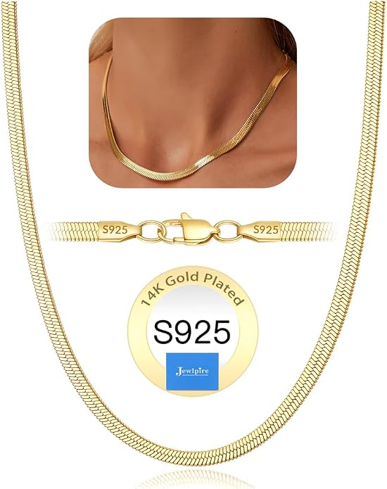 Jewlpire 925 Sterling Silver Plated Rope/Cuban/Paperclip/Herringbone Chain Necklaces for Women, 18K Gold Plated Chain Necklace,Hypoallergenic Women's Chain Necklaces 16+3 Inch