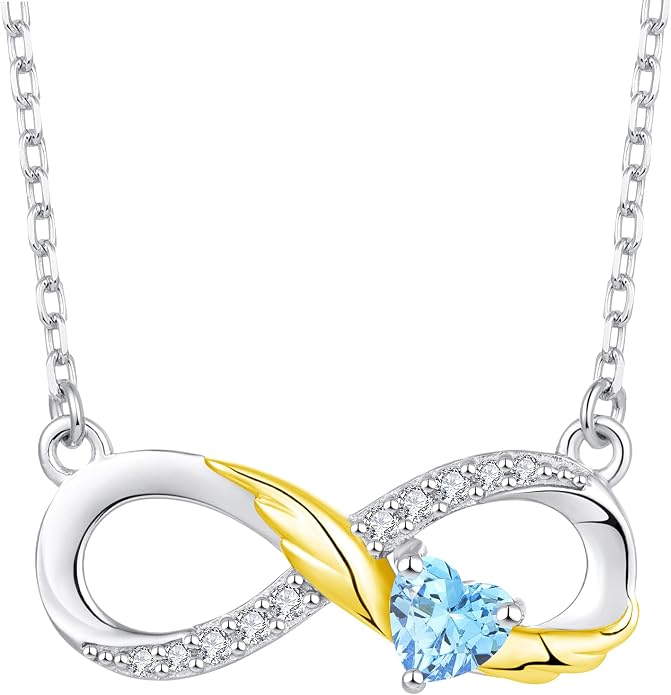 STARCHENIE Infinity Necklace 925 Sterling Silver Angel Wings Heart Birthstone Necklace for Women