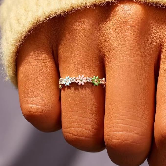 LRESJJIUJ 925 Sterling Silver Ring 18K Gold Plated Daisy Flower Ring Paved with Coloful Cubic Zirconia Pastoral Fresh Style Enamel Ring Elegant Daily Band 6