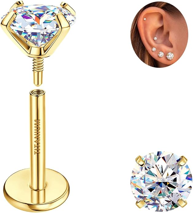 GEMQUEEN Moissanite Earrings G23 Titanium Extended Internal Thread Flat Back Earrings Hypoallergenic Tragus Cartilage Helix Conch Piercing Jewelry for Women Men 18G 6/8mm Post Gray/D Color 0.2-3CT