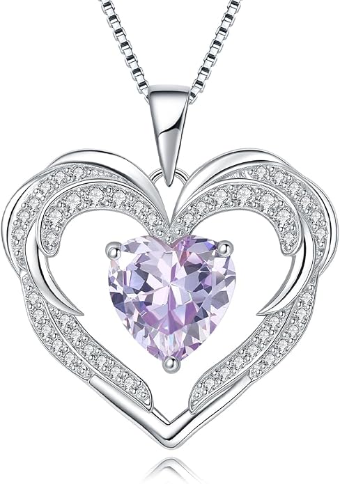 Heart Necklaces for Women Mother's day Gifts, Birthstone 925 Sterling Silver Angel Wings Love Pendant Necklaces for Women, Jewelry Gifts for Wife, Anniversary, Birthday