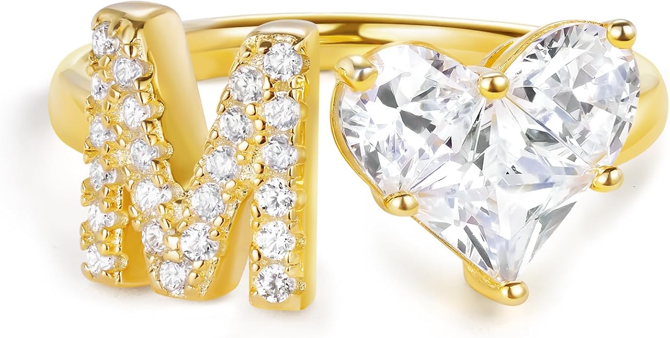 KissYan Sterling Silver Initial Heart Ring for Women, S925 Letter Rings 14K Gold Plated Open Adjustable Dainty Pave CZ Personalized Fashion Trendy Gifts for Mother's Day