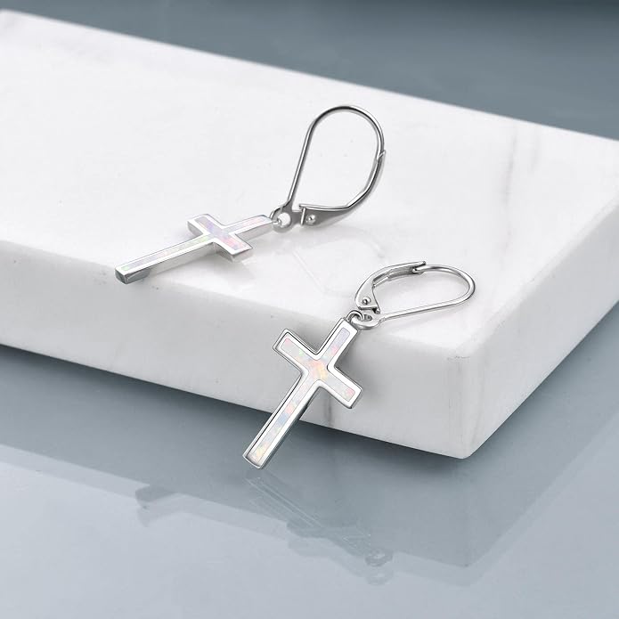 ONEFINITY Cross Earrings 925 Sterling Silver Leverback Cross Dangle Drop Earring Cross Religion Jewelry for Women Men