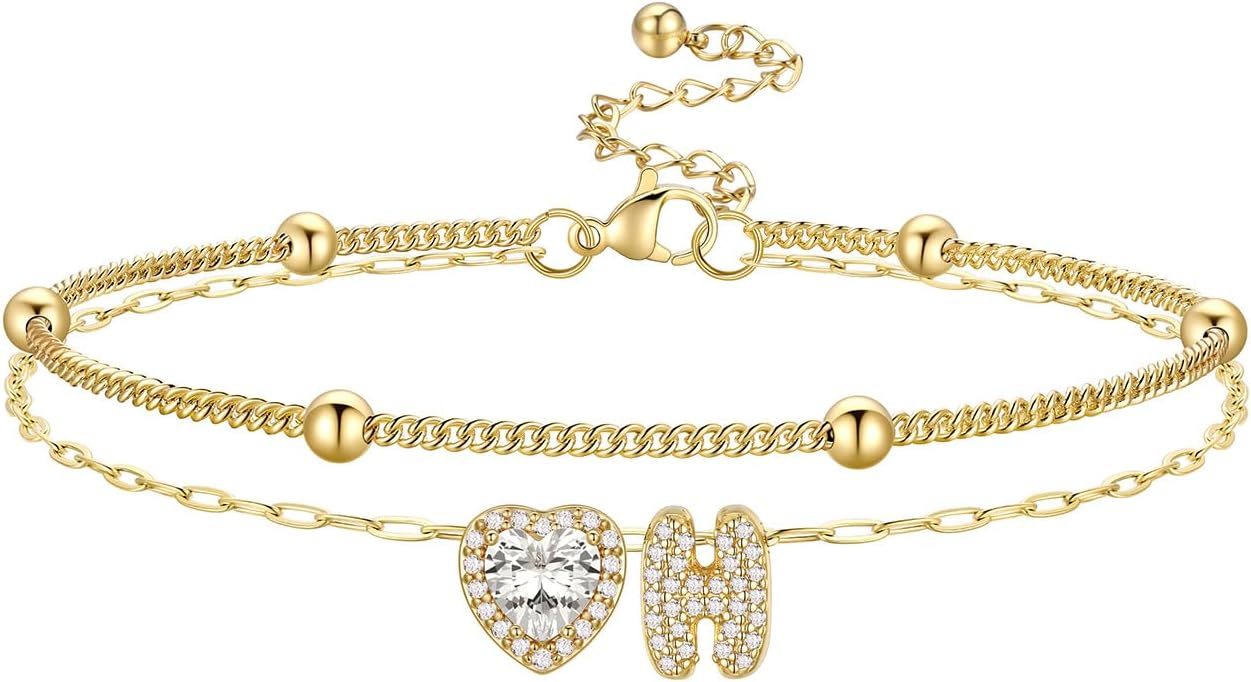 Bestyle Initial Anklet Bracelets for Women Waterproof Non Tarnish 14K Gold/White Gold Plated CZ Anklets for Women Dainty Layered Letter Heart Ankle Bracelets Adjustable Foot Chain Anklet