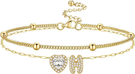 Bestyle Initial Anklet Bracelets for Women Waterproof Non Tarnish 14K Gold/White Gold Plated CZ Anklets for Women Dainty Layered Letter Heart Ankle Bracelets Adjustable Foot Chain Anklet