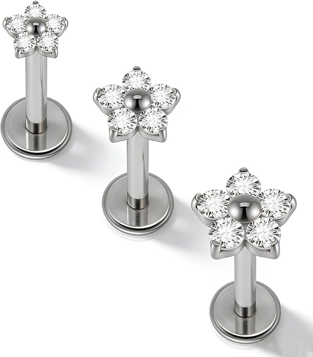 3PCS Titanium Mix Sizes Flower Zircon Lip Piercing Internal Thread Cz Small/Large Flower Labret Tragus Ear Cartilage Flat Piercing