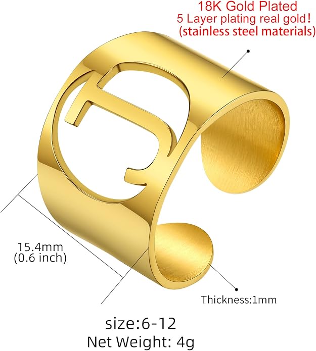 KeyStyle Bold Initial Letter Rings Adjustable, GoldChic Jewelry Women Gold Statement Ring Personalized Engraved Women’s Open Signet Ring for Party (Gold, White Gold, Black)