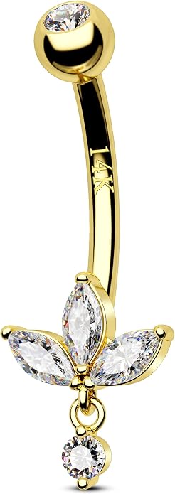 COCHARM 14K Solid Gold Belly Button Rings 14K Gold Belly Rings for Women 10MM Barbell 14k Gold Flower Belly Piercing Jewelry