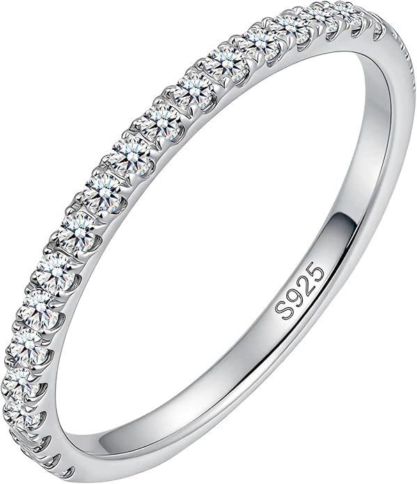 WES 1.5/1.8/2.0mm Moissanite Wedding Band - 925 Sterling Silver Half Eternity Round Stackable Moissanite Engagement Rings Anniversary Wedding Rings for Women, Size 4-11