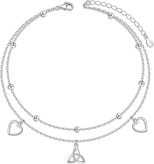 Anklet for Women S925 Sterling Silver Beach Style Foot Layered Adjustable Ankle Bracelet Disc Evil Eye Heart Infinity Bead Cross Jewelry