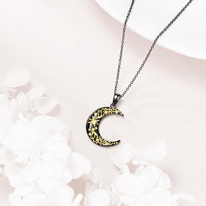 VONALA Crescent Moon Necklace Sterling Silver Emerald/Red/Purple/Black/Rainbow Topaz/Green/Aquamarine/Blue/Moss Agate Celtic Moon Teardrop Necklace Celtic Jewelry Gifts for Women Birthday
