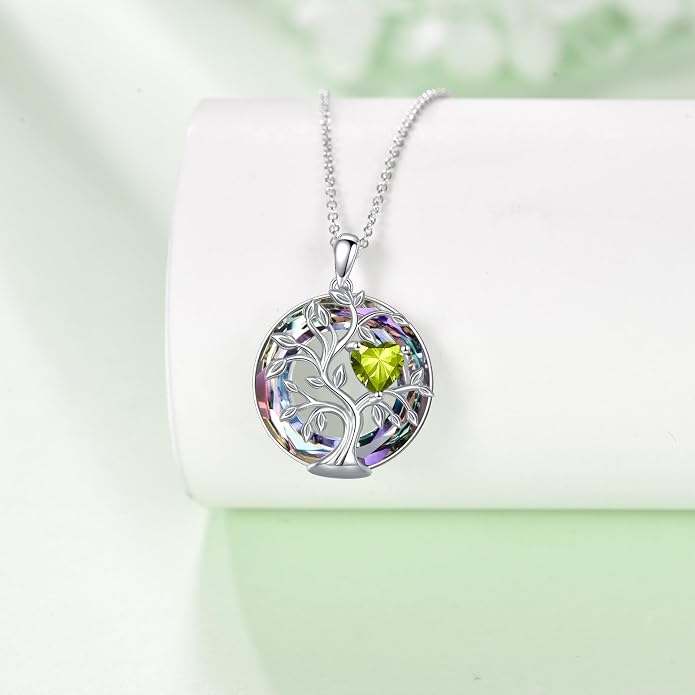 Tree Of Life Birthstone Necklace 925 Sterling Silver Crystal Family Tree Pendant Necklaces Heart Birthstone Jewelry For Women Female Anniversary Birthday Gifts