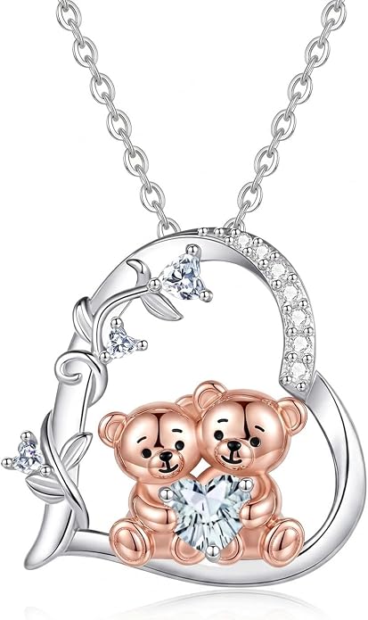 PELOVNY Teddy Bear Necklace for Women 925 Sterling Silver Bear/Highland Cow/Fox/Cat/Axolotl Birthstone Necklace Christmas Birthday Jewelry Gifts for Mom Daughter Wife Sister