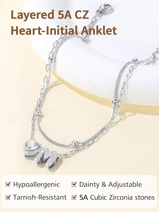 FindChic Silver/14K Gold Plated Layered CZ Initial Ankle Bracelet for Women | Waterproof Stainless Steel, Cubic Zirconia Letter Charm, Non-Tarnish, Hypoallergenic, Adjustable Extender, Summer Jewelry