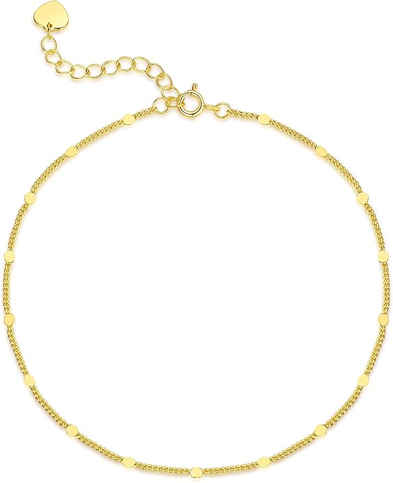 14K Gold Anklets for Women Gold Ankle Bracelets for Women Cuban Chain with Spaced Tiny Disc 11(9+2) Inches