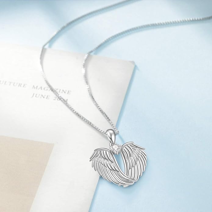 YFN Angel Wings Necklace 925 Sterling Silver Guardian Angel Wings Pendant Necklace Birthstone Necklace for Women Girls Christmas Jewelry Gifts