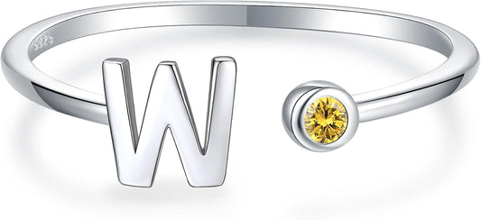 925 Sterling Silver Initial Letter Birthstone Rings for Women Adjustable 1-12 Month Birthstone Alphabet Stacking Ring for Teens Girls Stackable Birthstone Rings Birthday Jewelry Gift for Daughter Mom