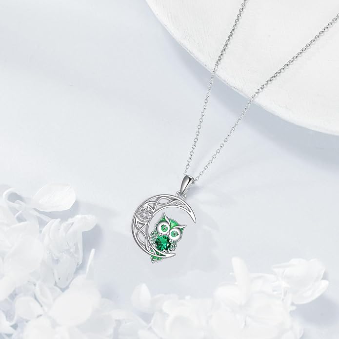 Owl Birthstone Necklace Sterling Silver Celtic Moon Pendant Cubic Zirconia Owls Jewelry Birthday Gifts for Women Men