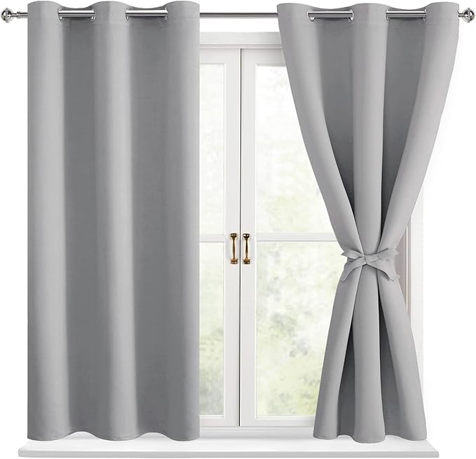Hiasan Blackout Curtains for Bedroom - Thermal Insulated & Light Blocking Window Curtains for Living Room, 2 Drape Panels Sewn with Tiebacks, Silver Grey, 42 x 54 Inch
