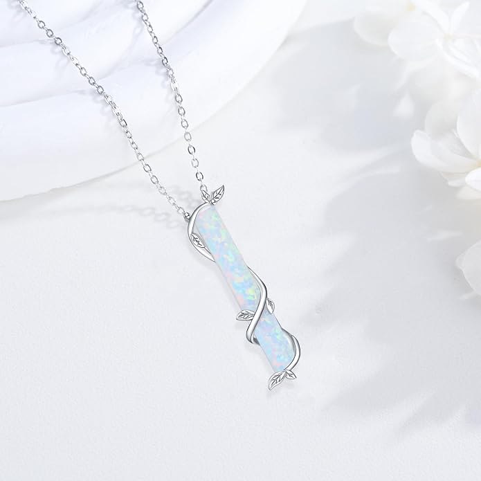 Bar Opal Leaf Necklace For Women S925 Sterling Silver White Opal Pendant with Leaf Charm Bar Pendant Jewelry Gift For Mom Daughter Wife