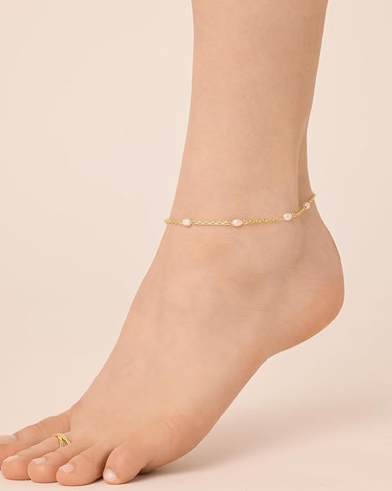 PAVOI 14K Gold Plated Anklet for Women - Trendy Link Chain Ankle Bracelet Summer Jewelry - Boho Dainty Anklets with Cubic Zirconia, Beaded, Evil Eye, Star, Station, Pearls Adjustable Gold Jewelry