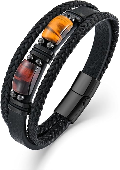 Mens Leather Bracelet Natural Tiger Eye Protection Multilayer Braided Wristband Bangle Gifts for Him