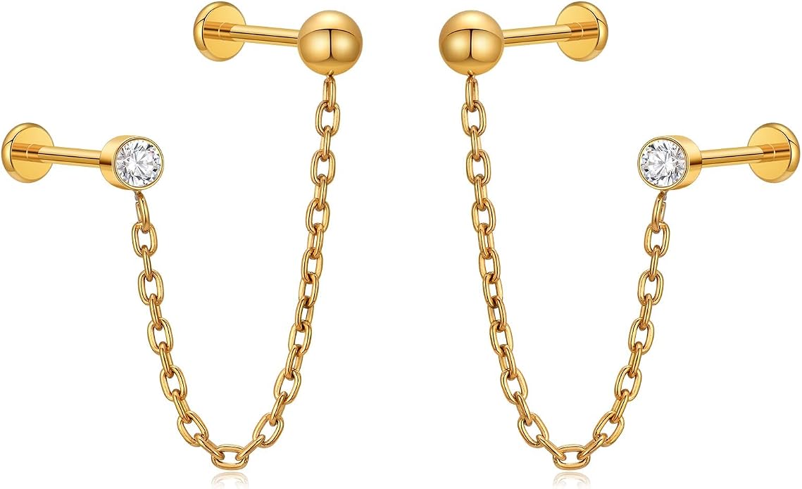 1 Pair ASTM F136 Titanium Double Piercing Dangle Earrings, Cubic Zirconia Dainty Chain Earrings for Helix Conch Earlobe