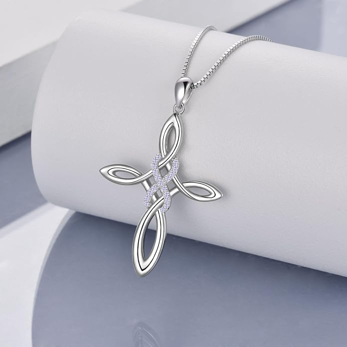 LUHE Celtic Knot Cross Necklace Sterling Silver Birthstone Polished Religious Infinity Celtics Jewelry Gifts for Women