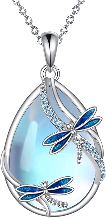 KQF Dragonfly/Butterlfy/Cat/Jellyfish/Bunny/Axolotl/Bee/Mermaid/Hummingbird/Elephant Necklace for Women Sterling Silver Moonstone Pendant Necklace Dragonfly Jewelry Gifts for Women