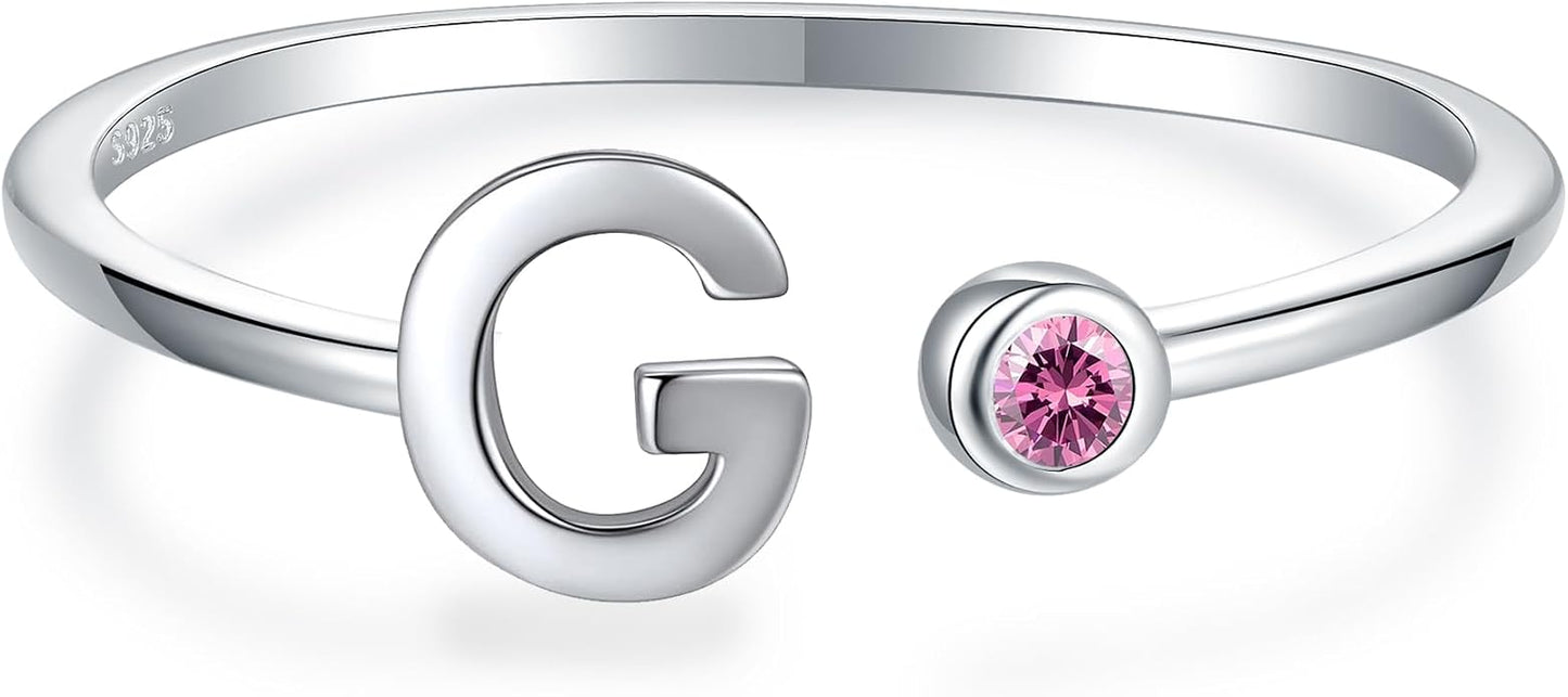 925 Sterling Silver Initial Letter Birthstone Rings for Women Adjustable 1-12 Month Birthstone Alphabet Stacking Ring for Teens Girls Stackable Birthstone Rings Birthday Jewelry Gift for Daughter Mom
