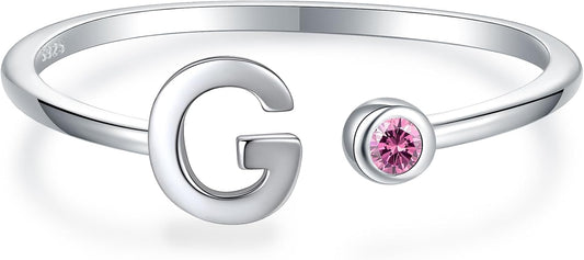 925 Sterling Silver Initial Letter Birthstone Rings for Women Adjustable 1-12 Month Birthstone Alphabet Stacking Ring for Teens Girls Stackable Birthstone Rings Birthday Jewelry Gift for Daughter Mom