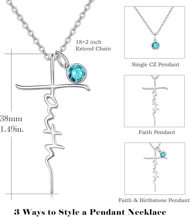 PRAYMOS Faith Cross Necklace for Women 925 Sterling Silver Pendant Necklace With Birthstone Initial Christian Religious Confirmation Baptism Mothers Day Gifts