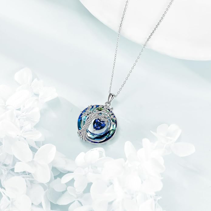 POPLYKE Mothers Day Gifts for Mom Her Wife Tree of Life Necklace 925 Sterling Silver Birthstone Pendant with Crystal Anniversary Birthday Wedding Jewelry for Women