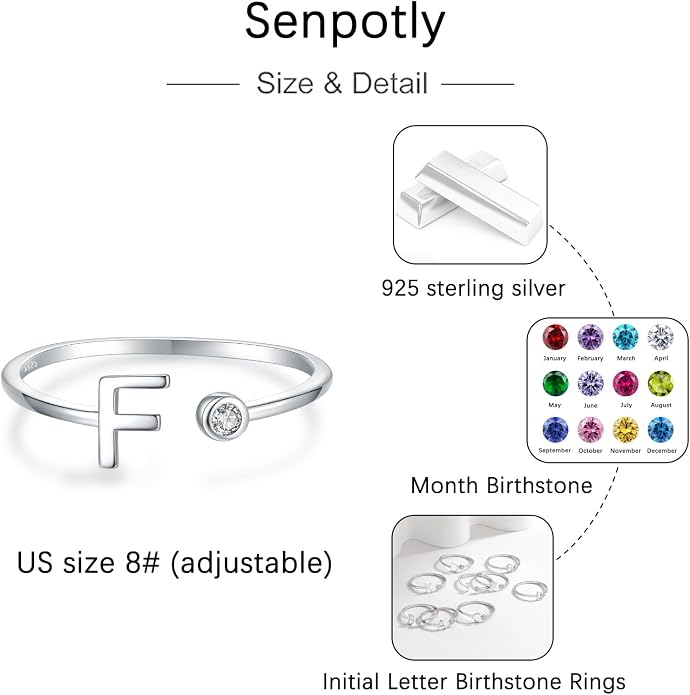 925 Sterling Silver Initial Letter Birthstone Rings for Women Adjustable 1-12 Month Birthstone Alphabet Stacking Ring for Teens Girls Stackable Birthstone Rings Birthday Jewelry Gift for Daughter Mom