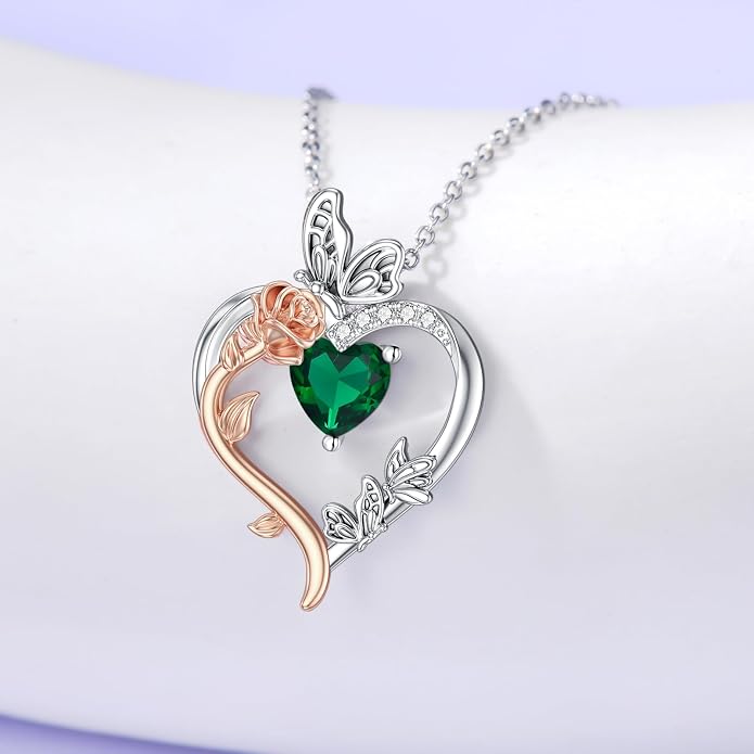 TOUPOP Rose Heart Birthstone Necklace 925 Sterling Silver Heart Butterfly Pendant Love Jewelry Birthday Gifts for Women Wife Mom Her