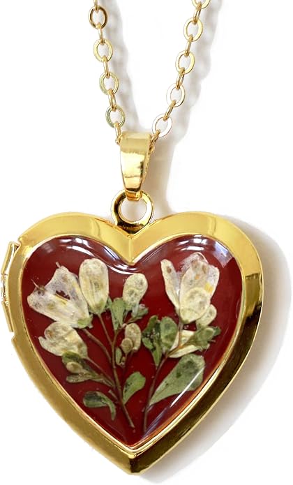 Handmade Dried Pressed Flower Heart Shaped Photo Locket Pendant Necklace