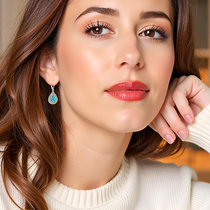 Teardrop Dangle Earrings for Women Turquoise Jewelry for Women 925 Sterling Silver Leverback Filigree Drop Dangle Earrings Filigree Jewelry