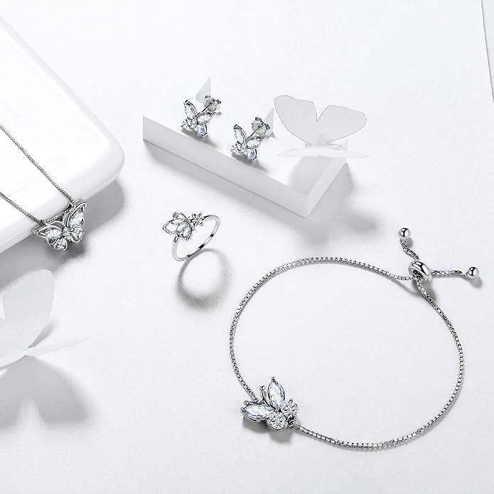 Aurora Tears Butterfly Jewelry,Women 925 Sterling Silver Butterflies Birthstone Pendant Necklace/Earrings/Rings Wedding Gift