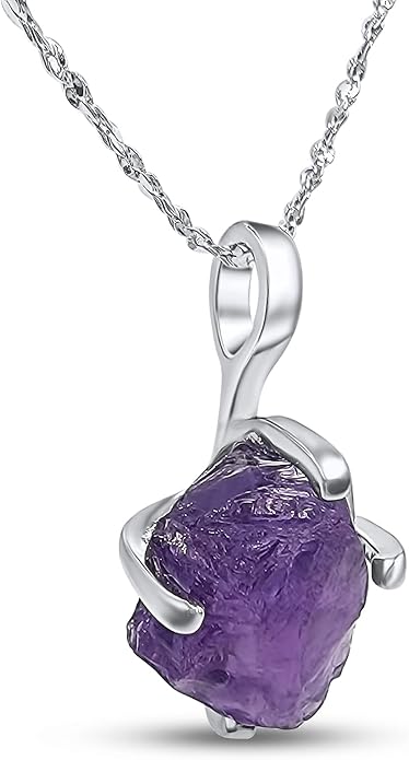 Natural raw gemstone pendant chain necklace with white gold over 925 solid sterling silver, birthstone dainty solitaire gift for her, uniquelan jewelry