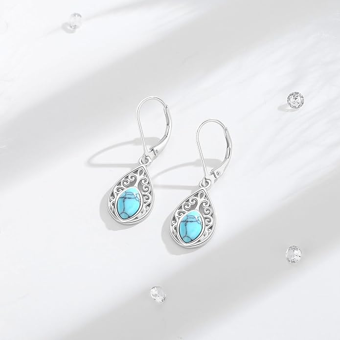 Vito 925 Sterling Silver Teardrop Earrings for Women, Moonstone Turquoise Drop Dangle Earrings Cat Snake Turtle Tree of Life Leverback Earrings Boho Jewelry Gift for Mom Wife
