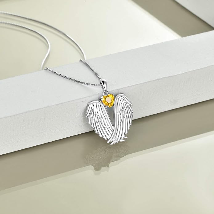 YFN Angel Wings Necklace 925 Sterling Silver Guardian Angel Wings Pendant Necklace Birthstone Necklace for Women Girls Christmas Jewelry Gifts