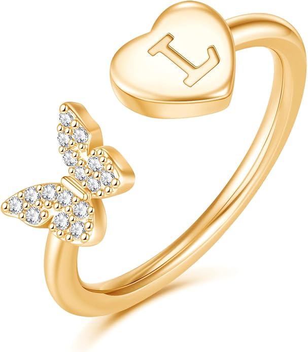 Initial Ring for Women Teens, Gold Plated Butterfly Heart Letter K Open Adjustable Ring, Dainty Alphabet Ring Jewelry Gift for Birthday